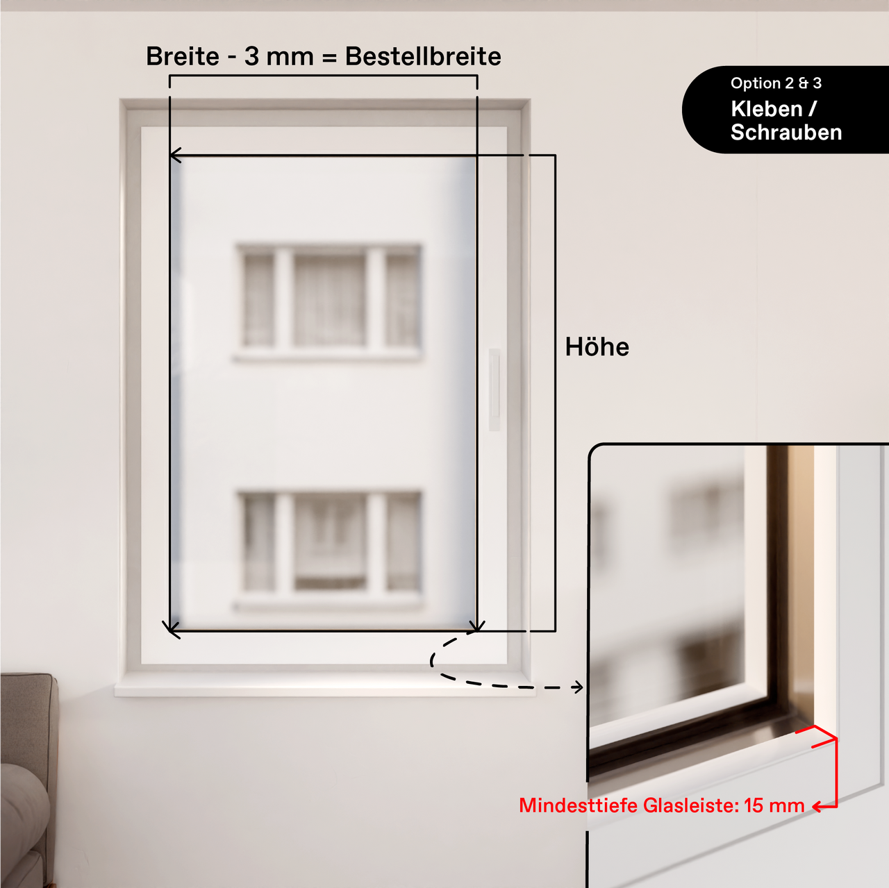 Ausmessen des Fensterflügels für die Montageart Kleben/Schrauben und für das Produkt Plissee/Wabenplissee