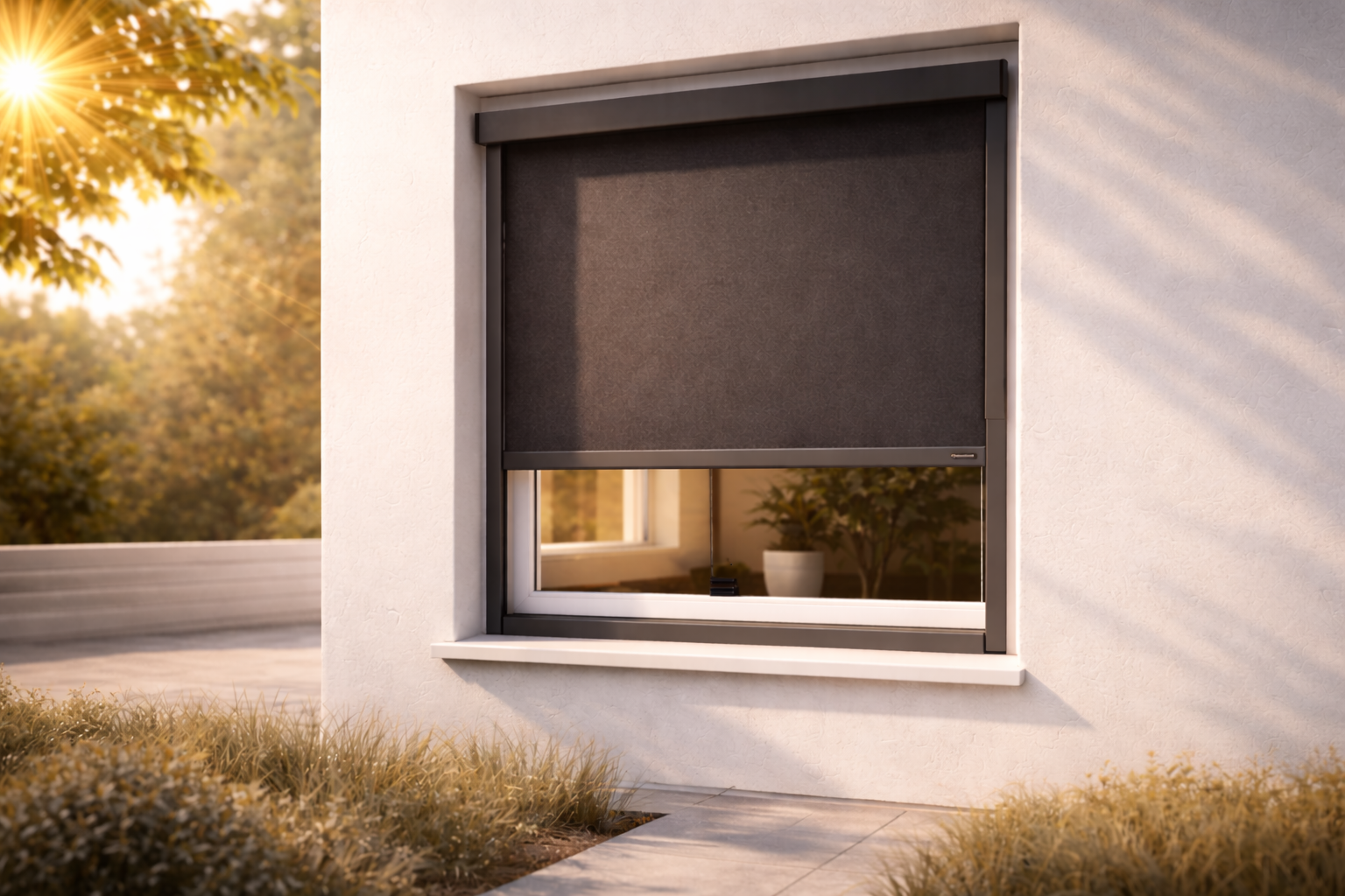 Moderne Fassade mit einem Außenrollo welches das Fenster verschattet