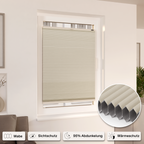 Wabenplissee Beige an Fenster montiert mit Icons Sichtschutz, Abdunkelung und Wärmeschutz