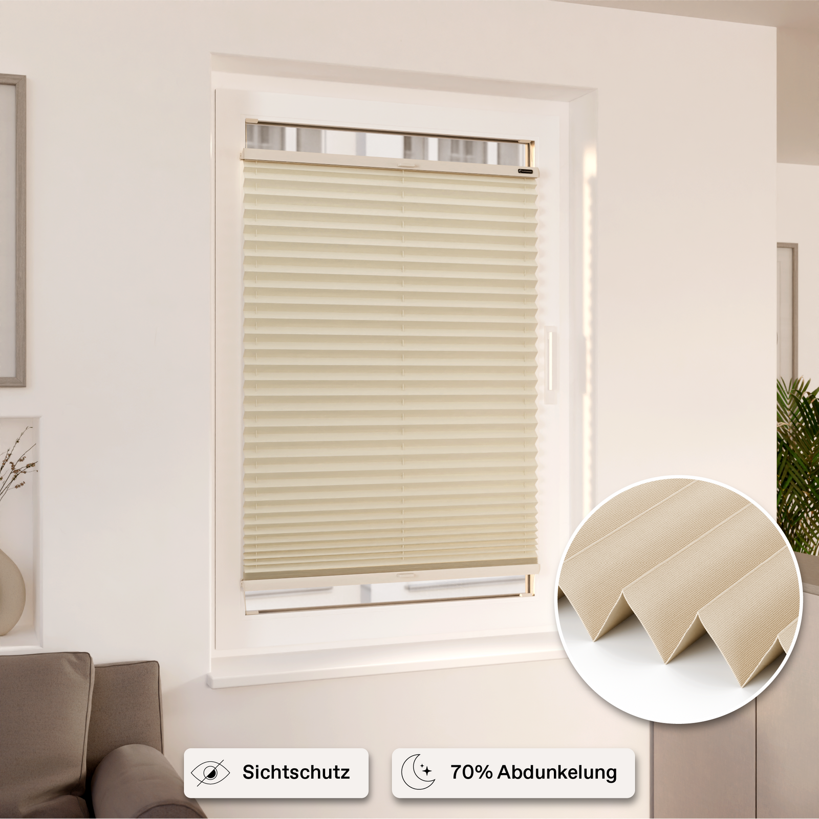 Plissee Beige an Fenster montiert mit Icons Sichtschutz und Abdunkelung 