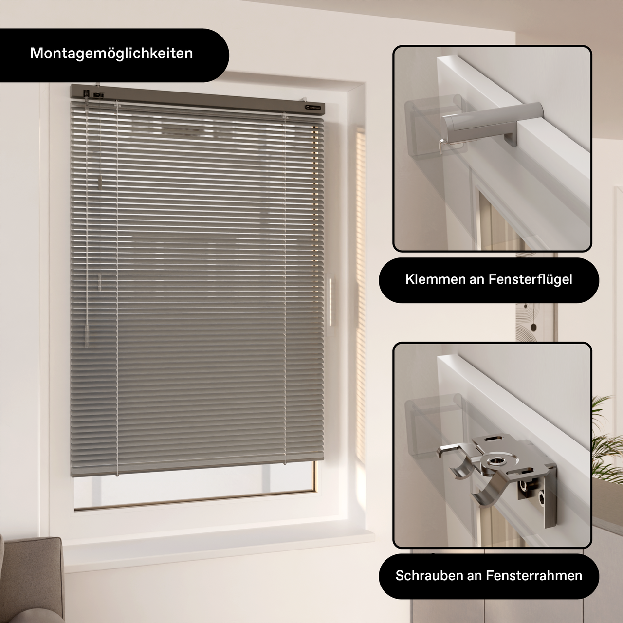 Innen Jalousie am Fenster dargestellt inklusive allen Montagearten (Klemmen und Schrauben)