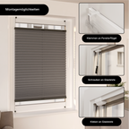 Plissee innen am Fenster dargestellt inklusive allen Montagearten (Klemmen, Schrauben und Kleben)