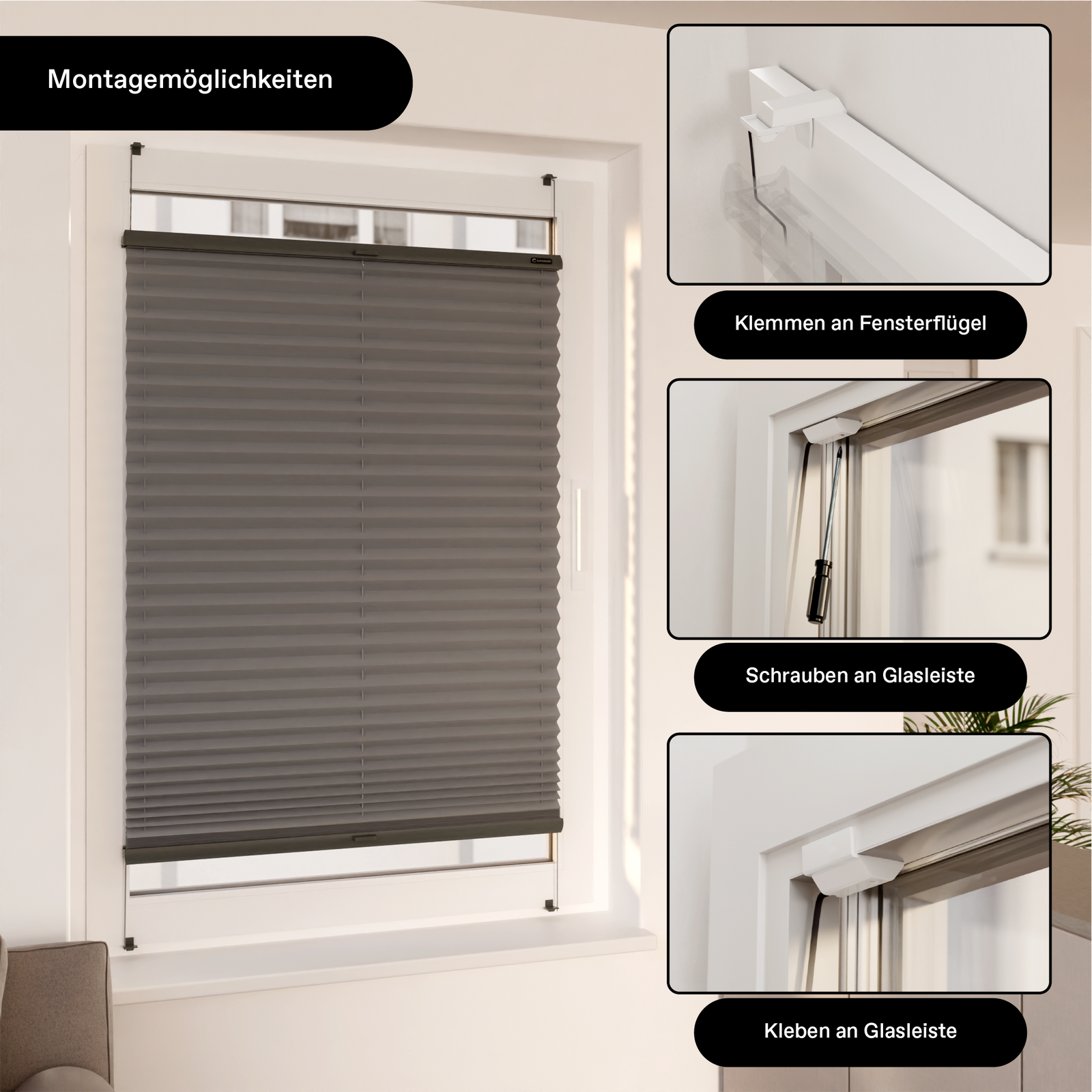 Plissee innen am Fenster dargestellt inklusive allen Montagearten (Klemmen, Schrauben und Kleben)