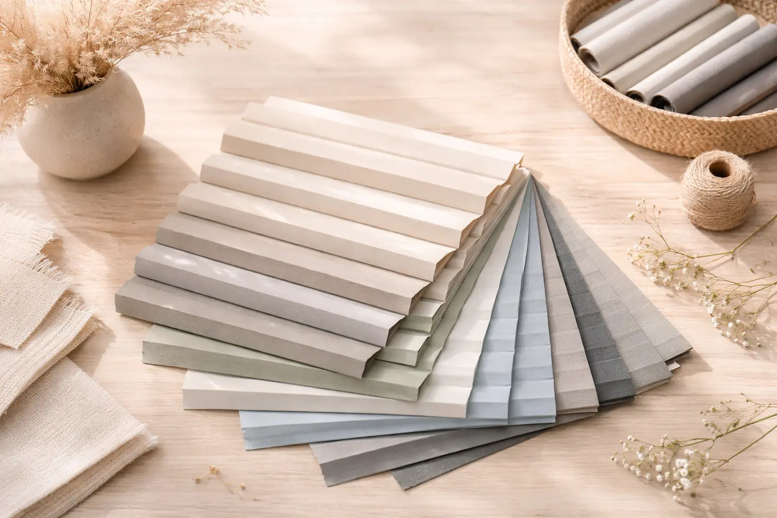 Plissee Stoff Muster - alle Stoffe auf einem Leinenstoff aufgefächert