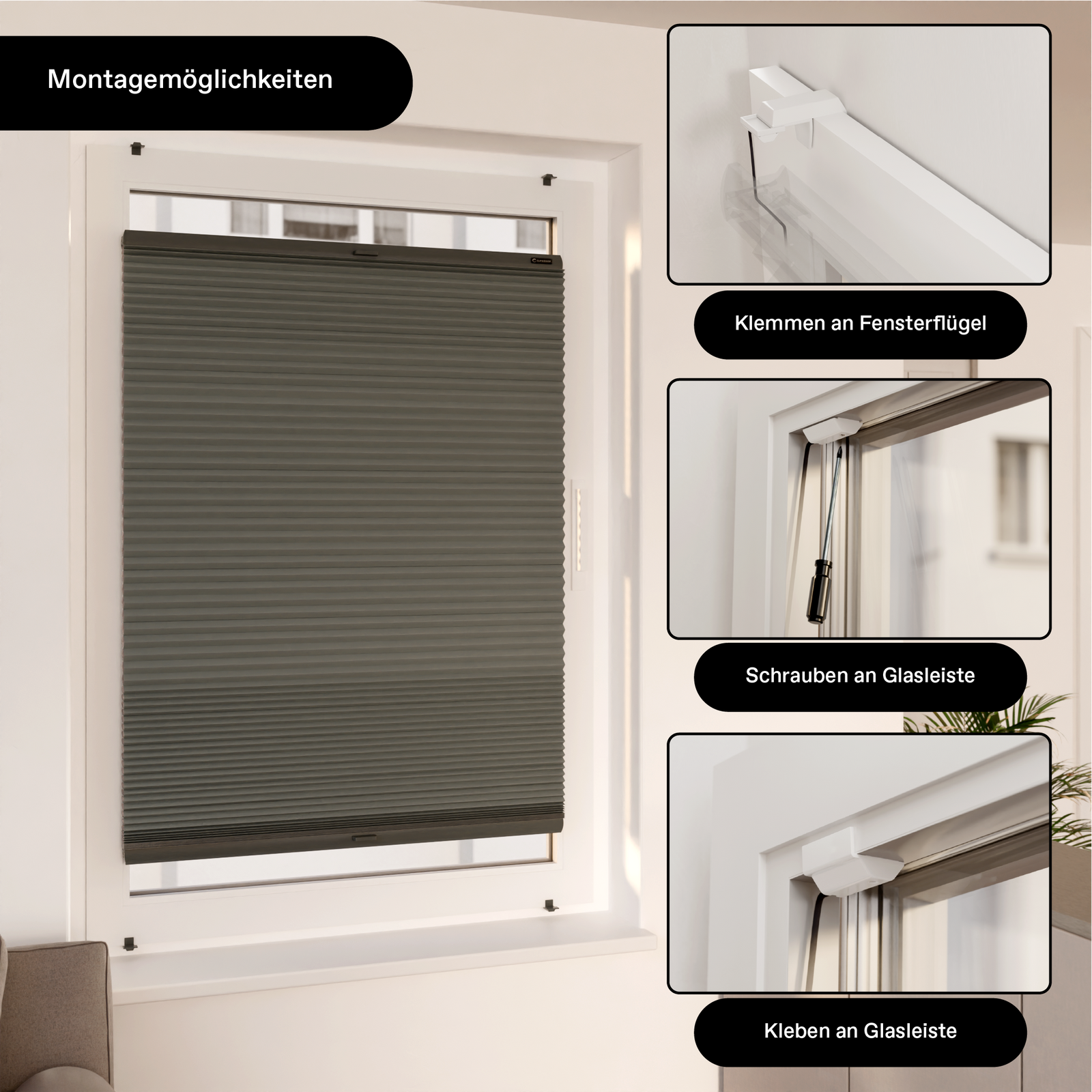 Wabenplissee innen am Fenster dargestellt inklusive allen Montagearten (Klemmen, Schrauben und Kleben)